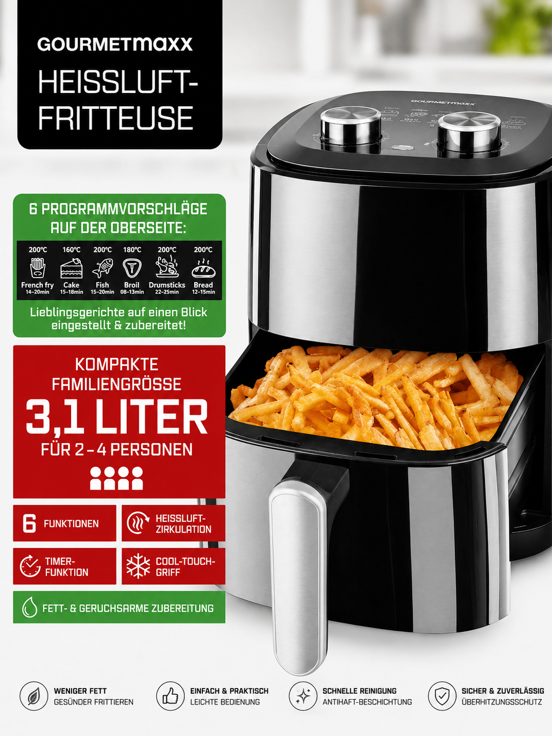 GOURMETmaxx Heißluftfritteuse 3,1L Airfryer 6 Programme Timer 2-4 Personen HA22