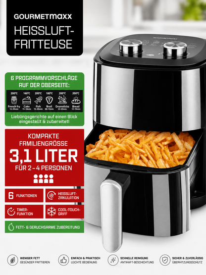 GOURMETmaxx Heißluftfritteuse 3,1L Airfryer 6 Programme Timer 2-4 Personen HA22