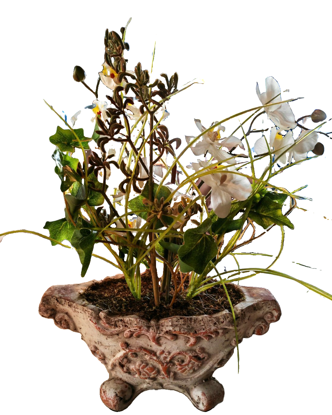 Künstliches Orchideengesteck mit Efeu Weiß Kunstblumen Pflanzschale 40 cm E7