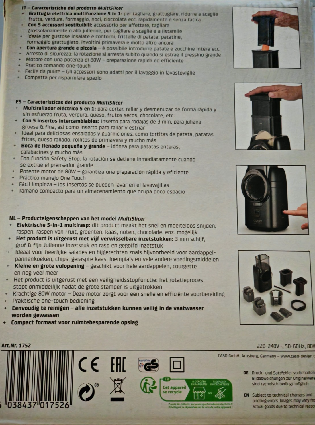 CASO MultiSlicer 5in1 Multireibe Elektrisch Gemüse Käse Reibe 80W Set B-03