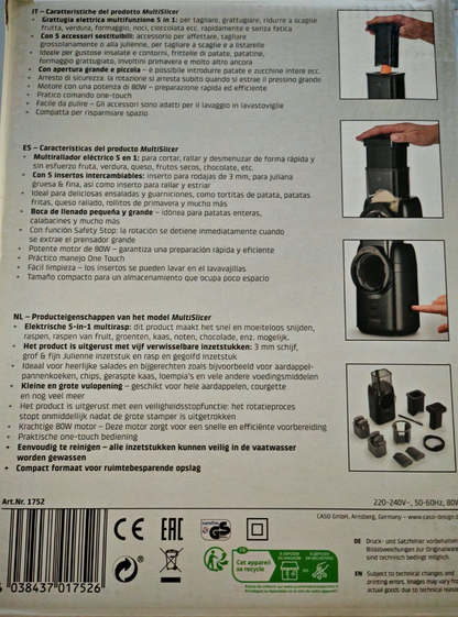 CASO MultiSlicer 5in1 Multireibe Elektrisch Gemüse Käse Reibe 80W Set B-03