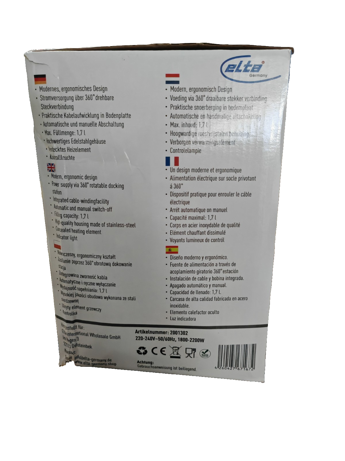 ELTA Edelstahl Wasserkocher 1,7L 2200W 360° Kabellos Abschaltautomatik C3