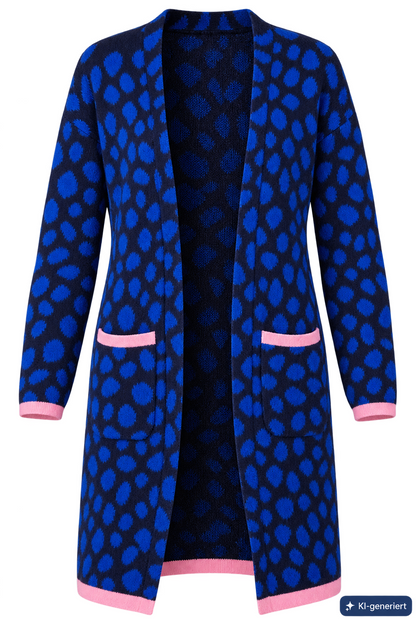 Lyla Damen Longcardigan Gr. 40 Blau Schwarz Gemustert Offene Front Taschen G3