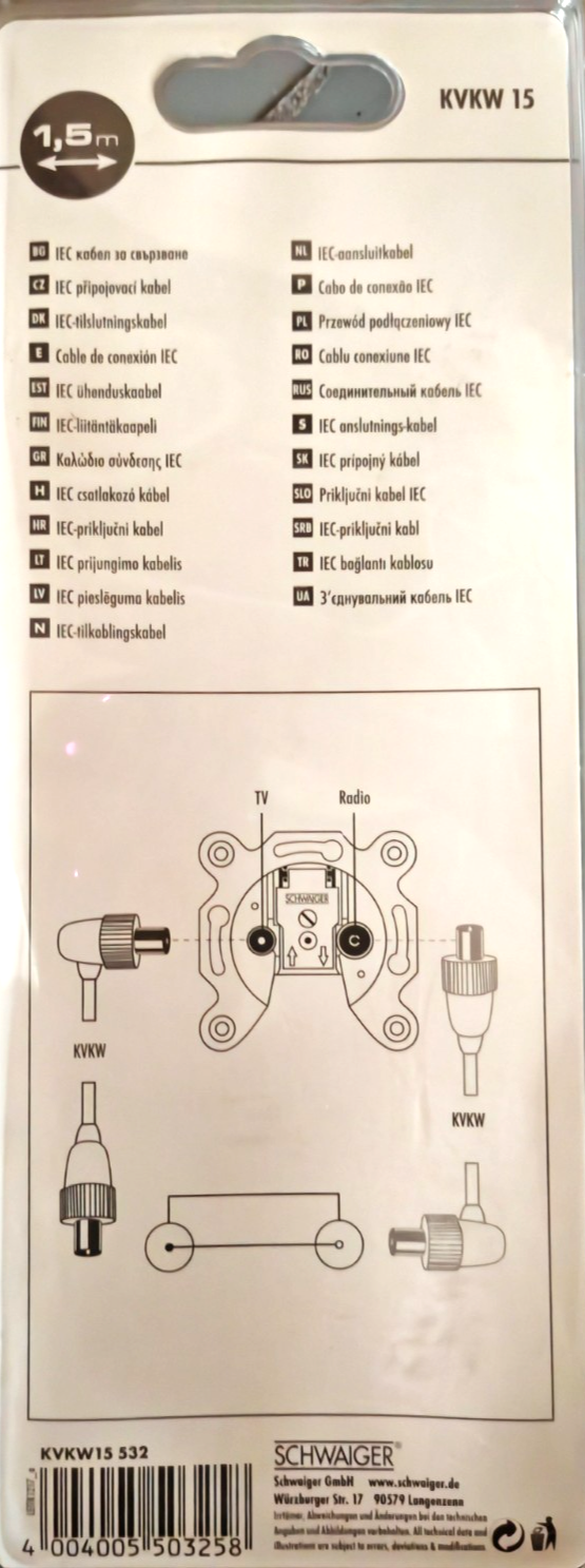 Schwaiger KVKW15 Antennenkabel 1,5m IEC Stecker Winkelbuchse 75dB Weiß TV A4