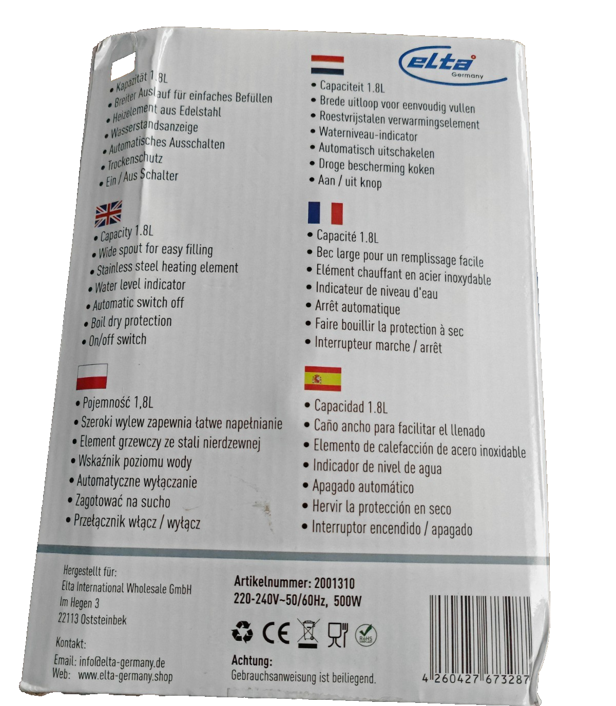 Elta Camping-Wasserkocher WK-2200.11 Transparent Kunststoff 1,8 L