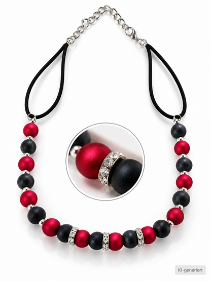Halskette Damen Rot Schwarz Perlenkette Strass Silberfarben Modeschmuck G3