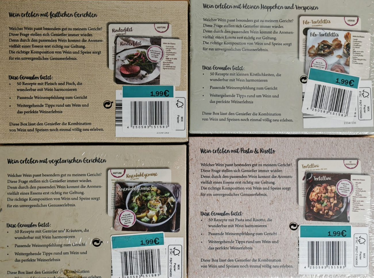 4x Wine & Dine Genuss-Box Wein Rezeptkarten Fleisch Tapas Gemüse Pasta 200