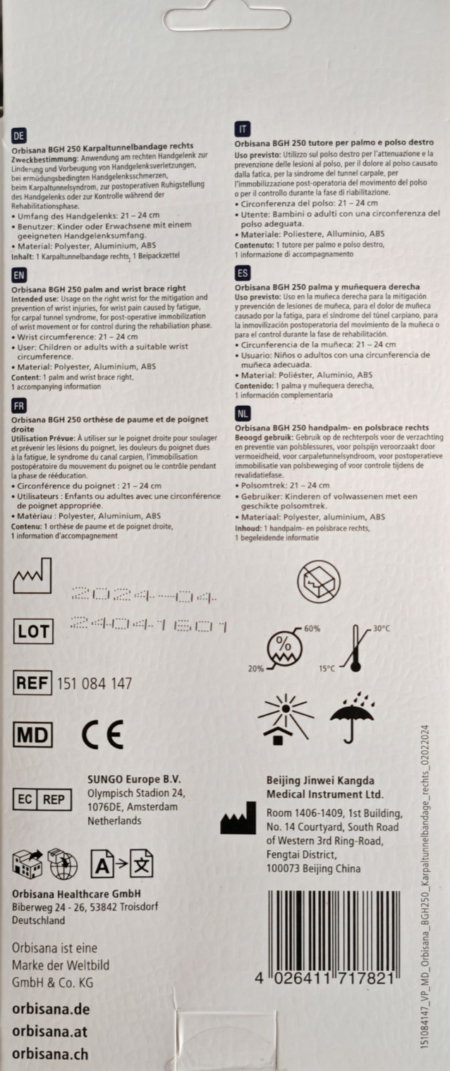 Orbisana BGH 250 Karpaltunnelbandage Rechts Handgelenkbandage Handgelenk C1