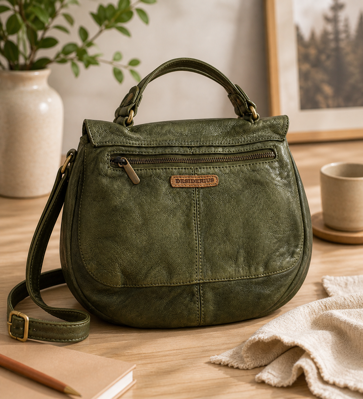 Desiderius Aemilia Handtasche Olive Echtleder Damen Tasche modern