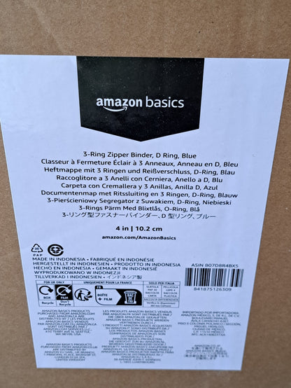 Amazon Basics - Ringbuch mit 3 Ringen und Reißverschluss - D-Ring, 10,16 cm, Bla