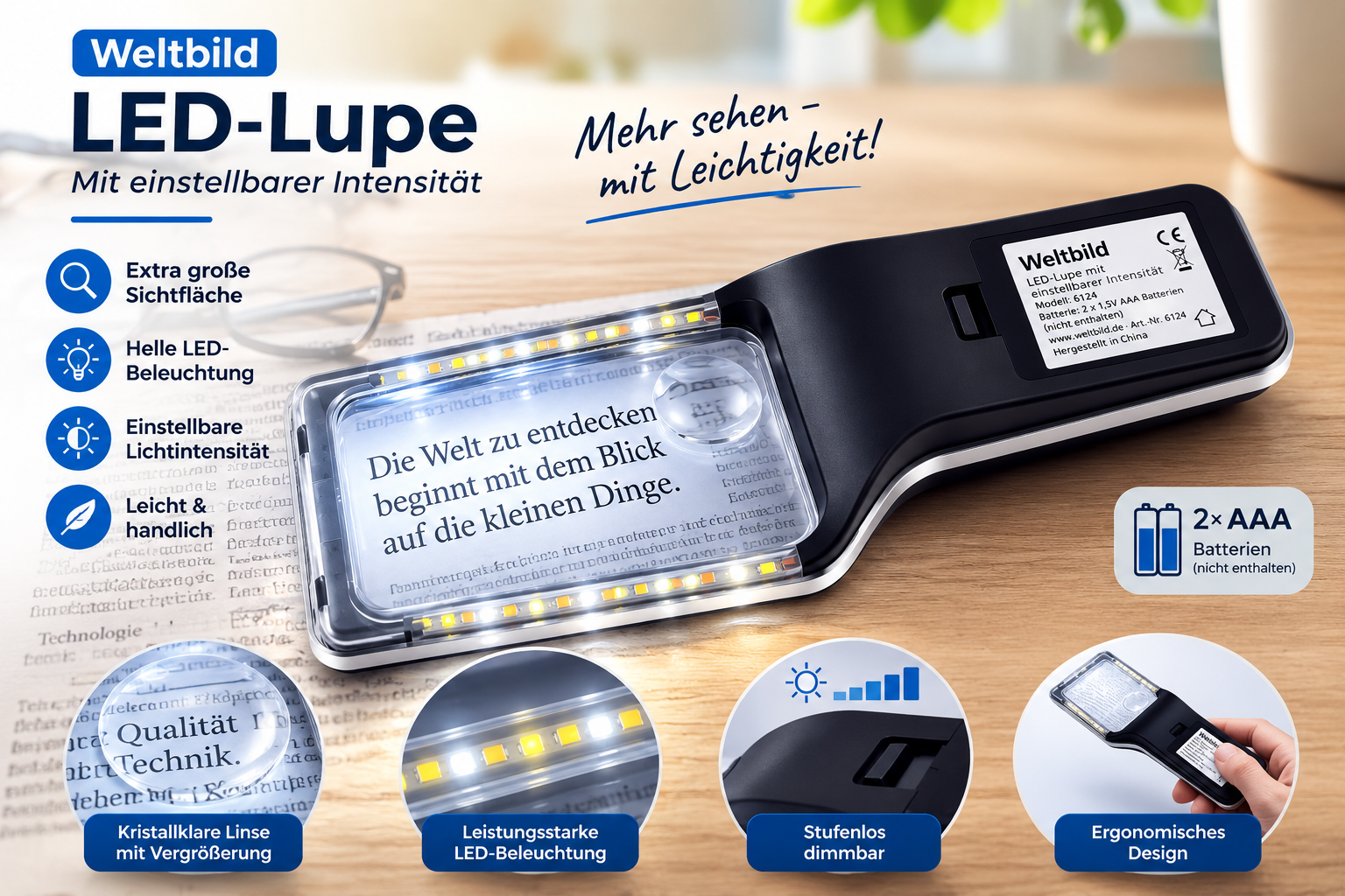 Orbisana LED Lupe Leselupe mit Licht dimmbar Vergrößerungshilfe Handlupe A7