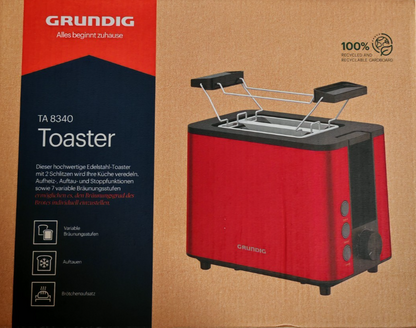 Grundig TA8340 Toaster 2 Scheiben 950W Brötchenaufsatz Edelstahl Rot B06