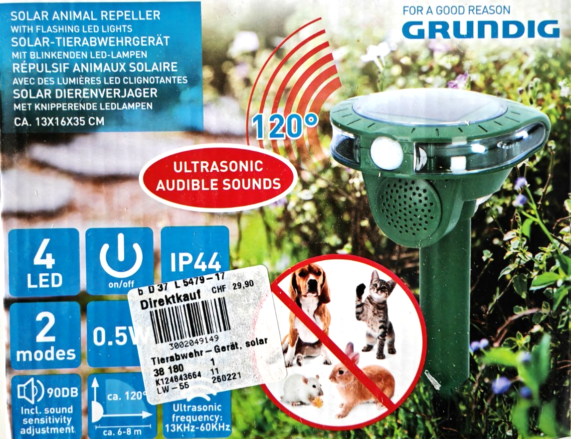 Grundig Solar Tierabwehr Ultraschall Tiervertreiber mit LED Blitz IP44 A8