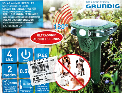 Grundig Solar Tierabwehr Ultraschall Tiervertreiber mit LED Blitz IP44 A8