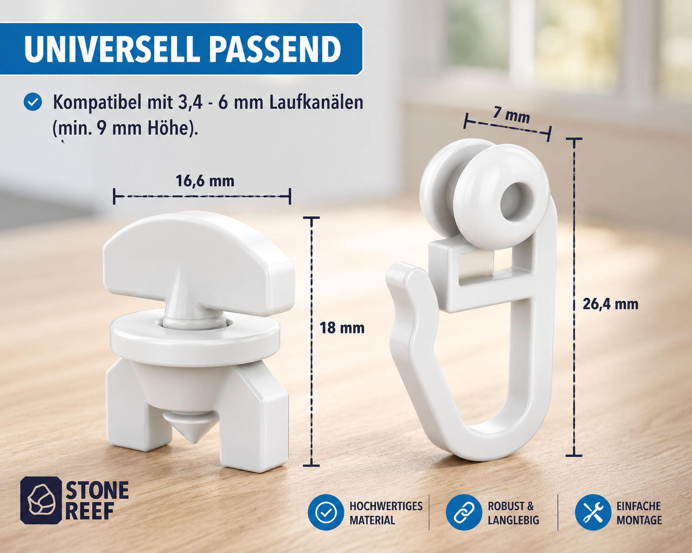 Stonereef Gardinenrollen 100 Rollen + 6 Stopper Gardinengleiter Vorhanggleit A2