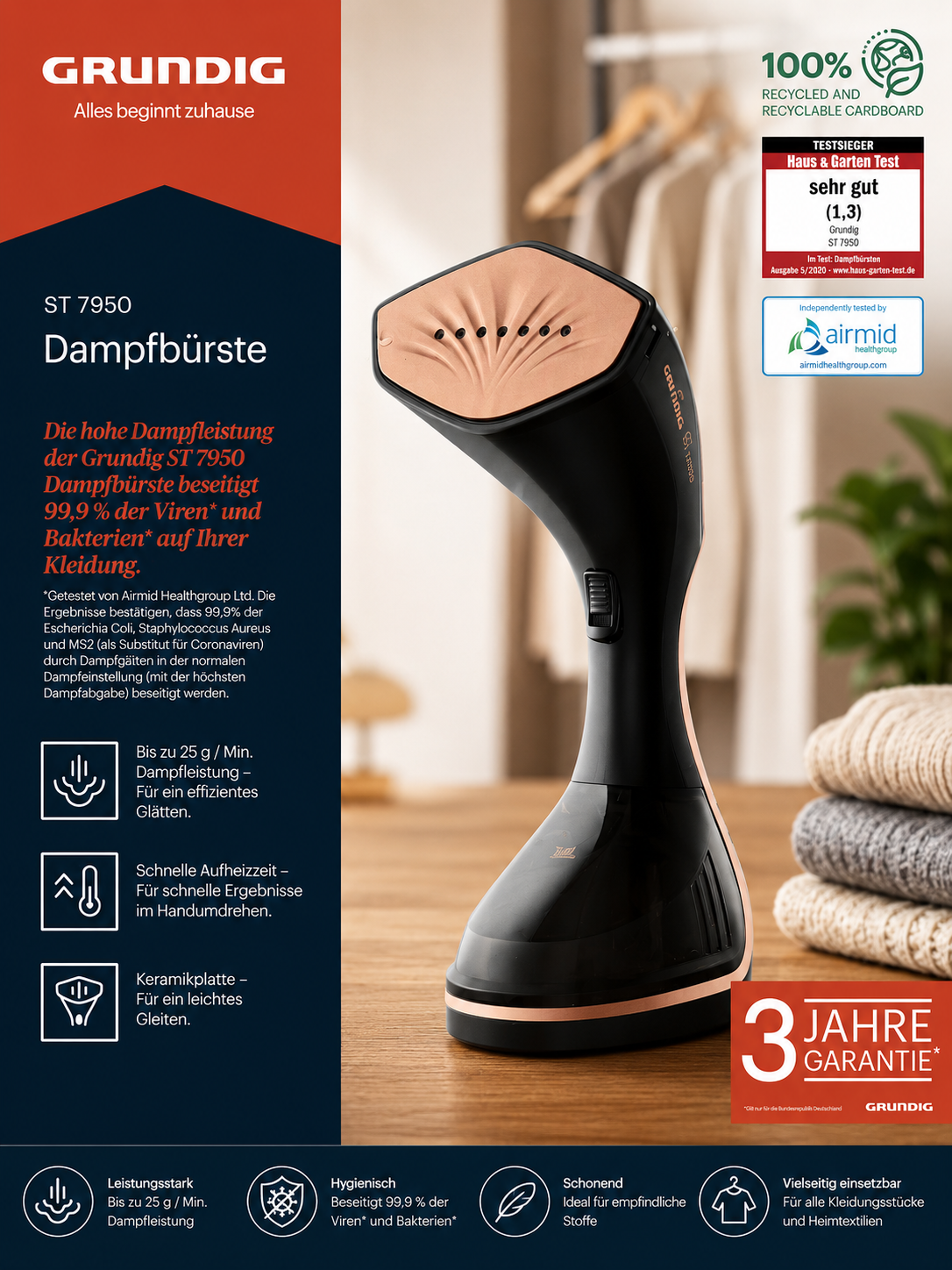 Grundig ST7950 Dampfbürste Dampfglätter 1600W Steamer Kleidung Bügelbürste C4