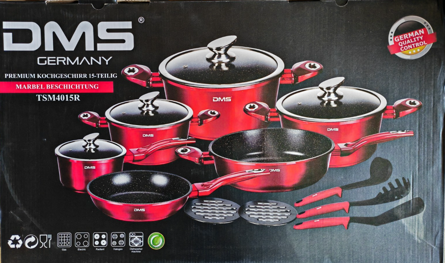DMS Topfset mit Deckel - Marbel/Rot, 15-teilig (TSM4015)