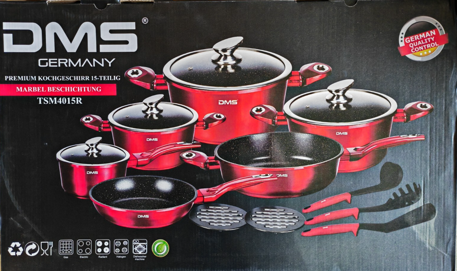 DMS Topfset mit Deckel - Marbel/Rot, 15-teilig (TSM4015)