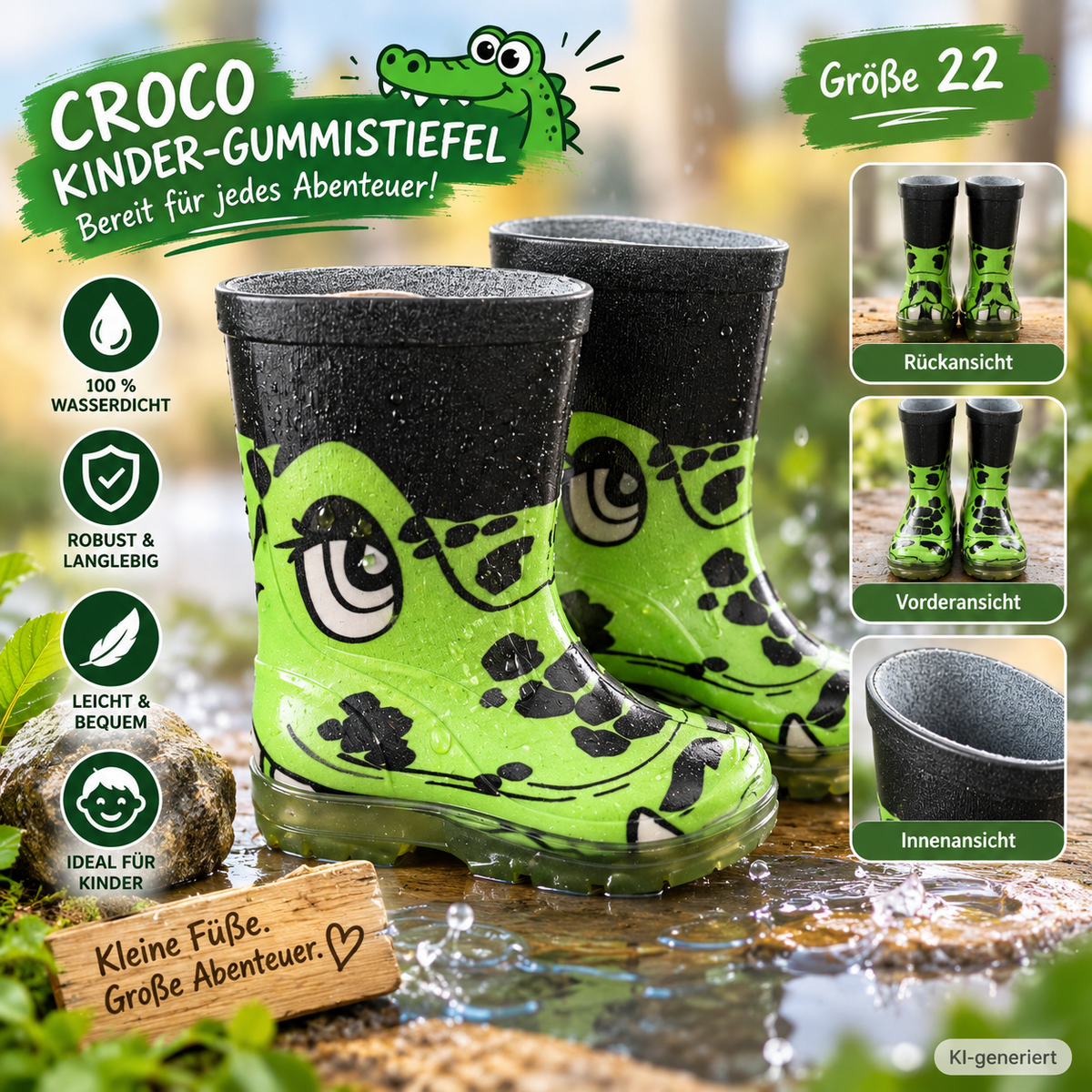 Beck 820 Croco Kinder Gummistiefel Gr. 22 Grün Krokodil Regenstiefel G2