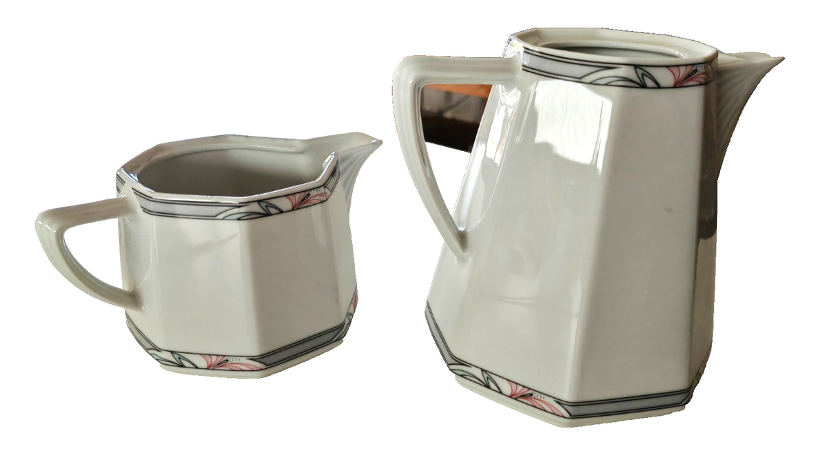Schirnding Bavaria 123 Kaffeekanne Milchkännchen Porzellan Blumendekor 2-tlg A6