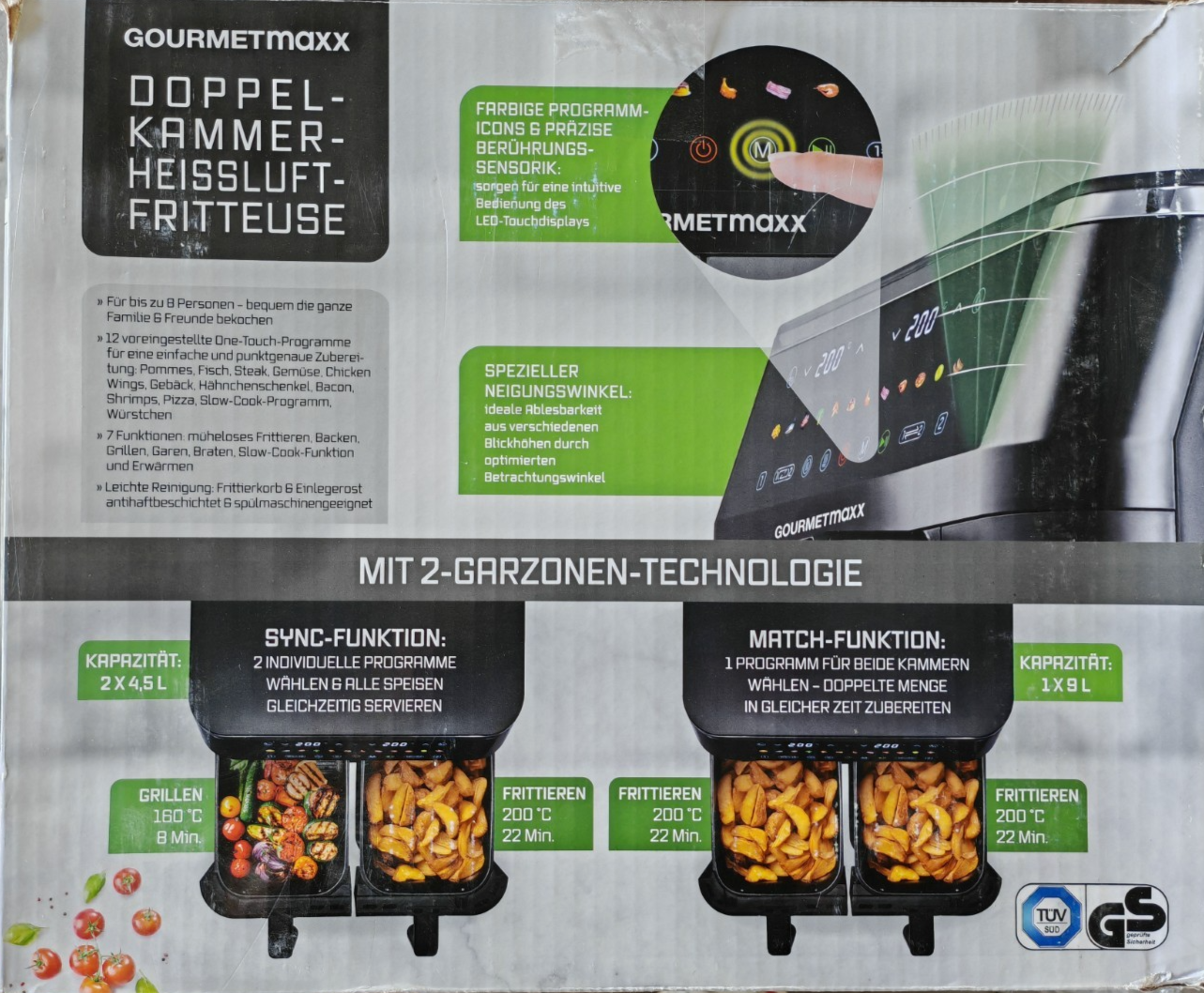 GOURMETmaxx Doppelkammer Heißluftfritteuse 9L Airfryer 3100W 12 Programme HA22