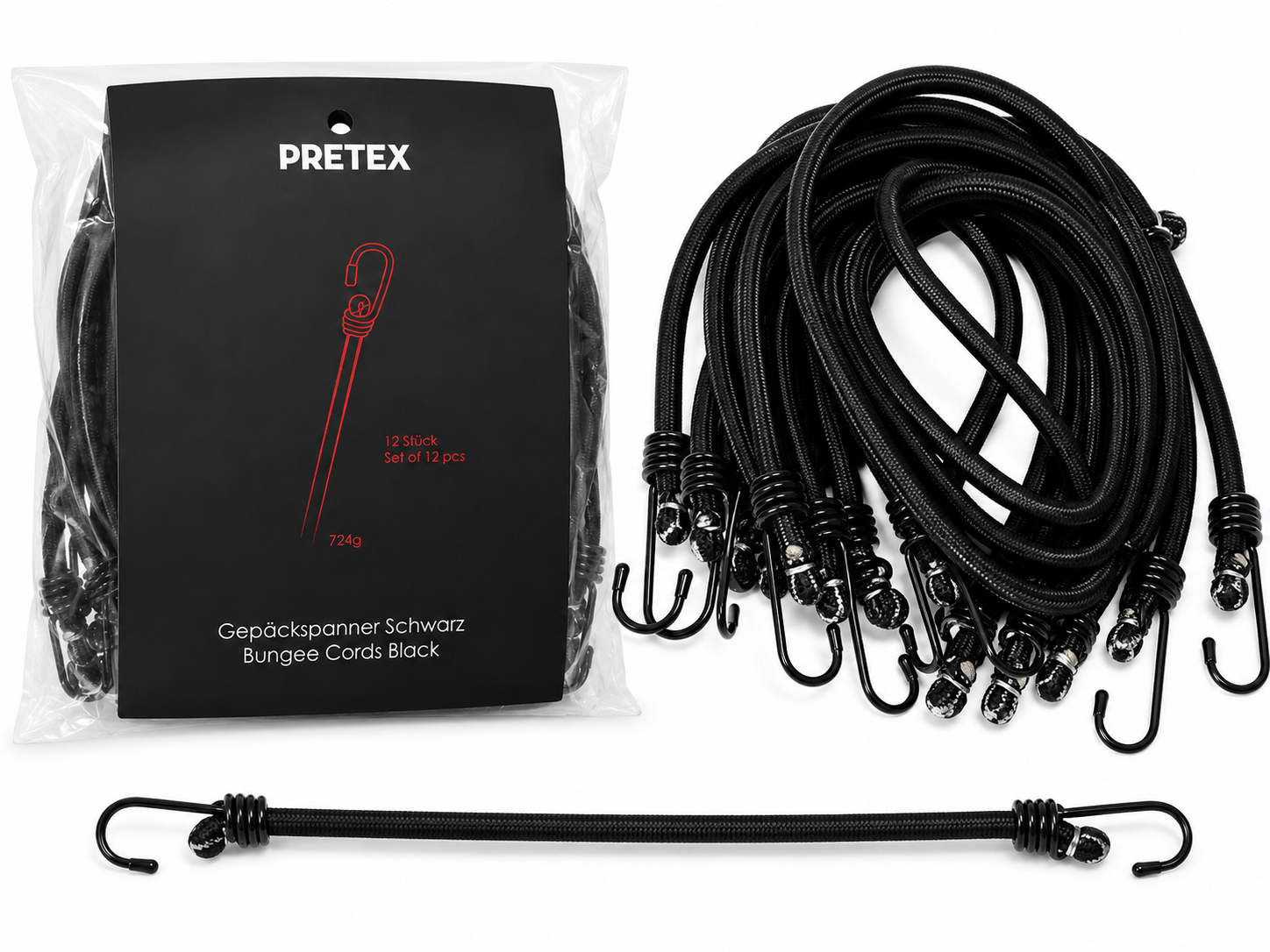 PRETEX 12x Gepäckspanner Schwarz Expander mit Haken Spanngummi Bungee Seil B1