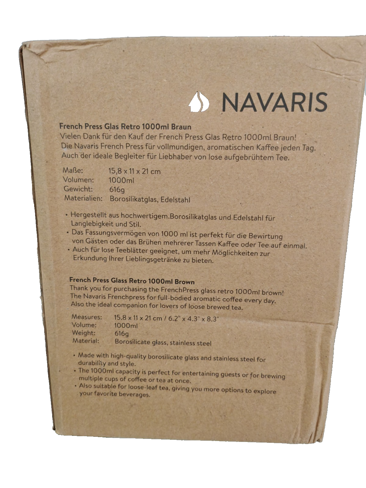 Navaris French Press 1000ml Kaffeebereiter Stempelkanne Edelstahlfilter Tee F3
