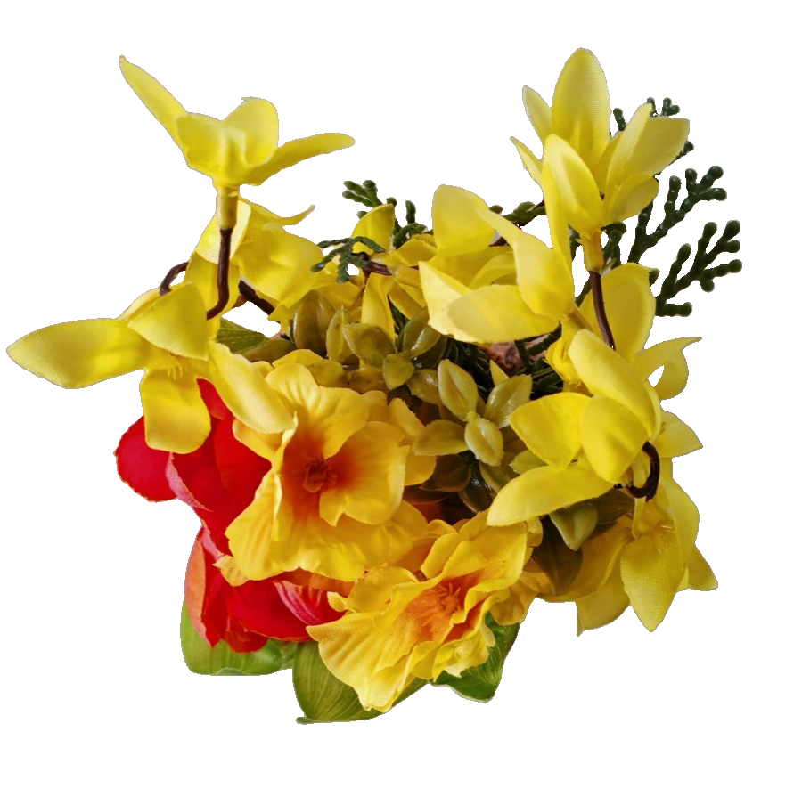 Kunstblumen Gesteck Gelb Rot im Baumstamm Topf 22 cm Blumendeko Tischdeko C6