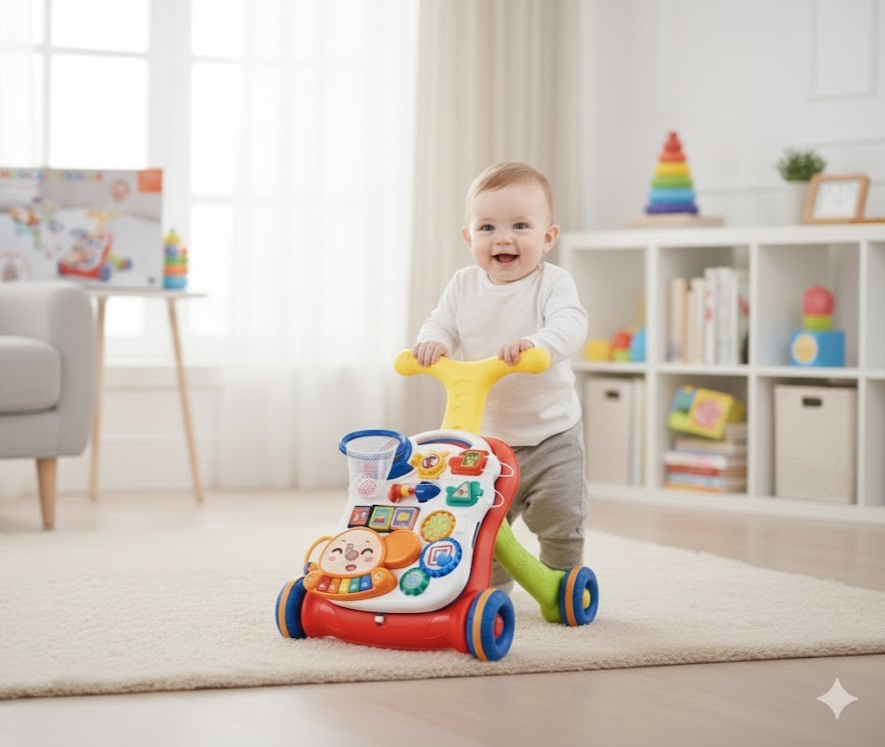 Bunter Laufwagen mit Spieltisch & Baby Piano Musik Lauflernhilfe Gehhilfe Rot