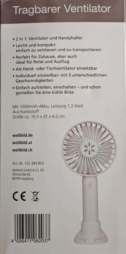 Weltbild Handventilator Tragbarer Ventilator Weiß mit Handyhalter USB C01