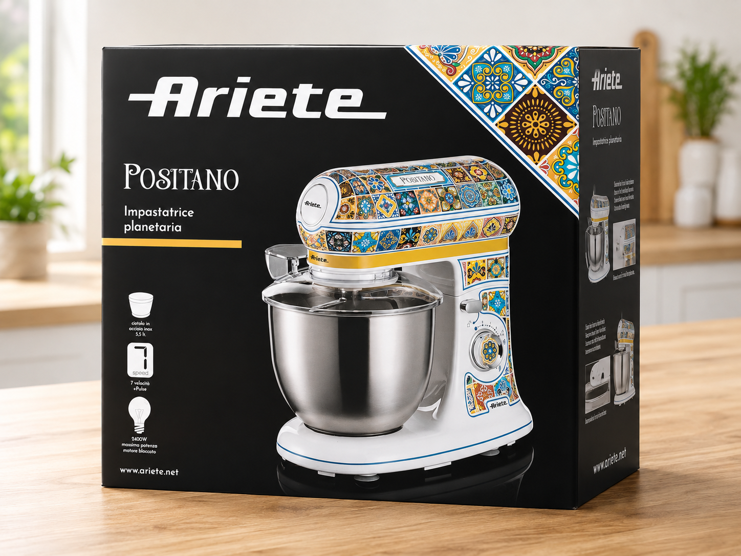 Ariete 1588 Positano Küchenmaschine 5,5L 2400W Edelstahl Rührmaschine Kneten C3