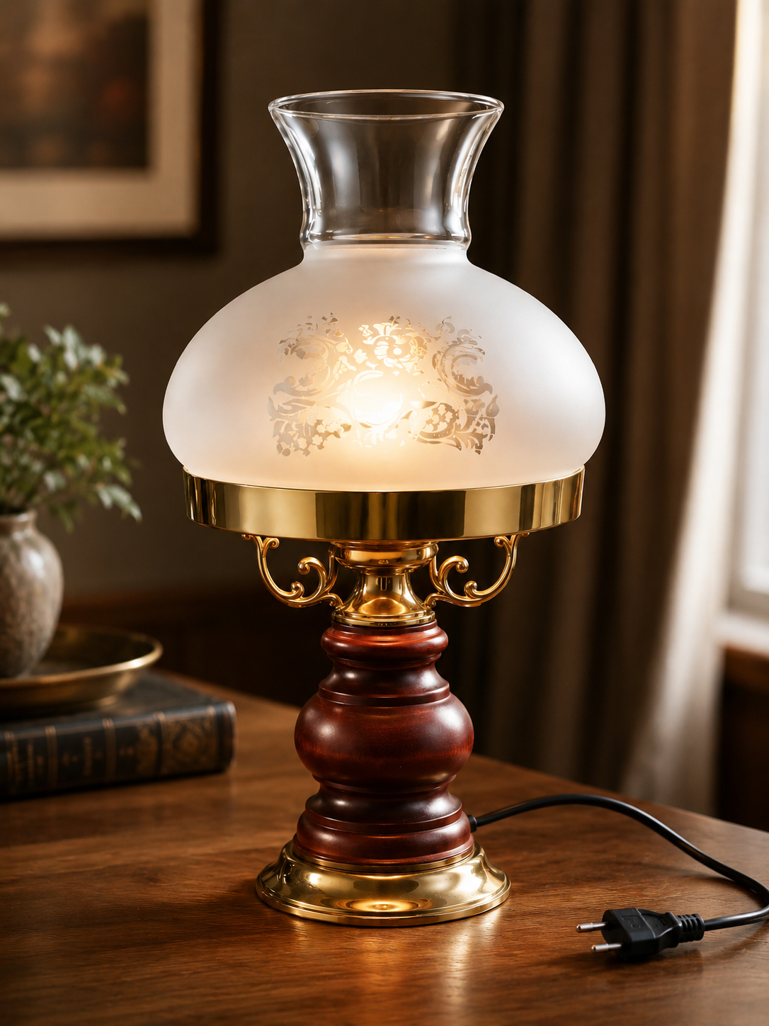 Tischleuchte Messing Erlenholz Massiv Holzlampe Design Leuchte Vintage HO-A34