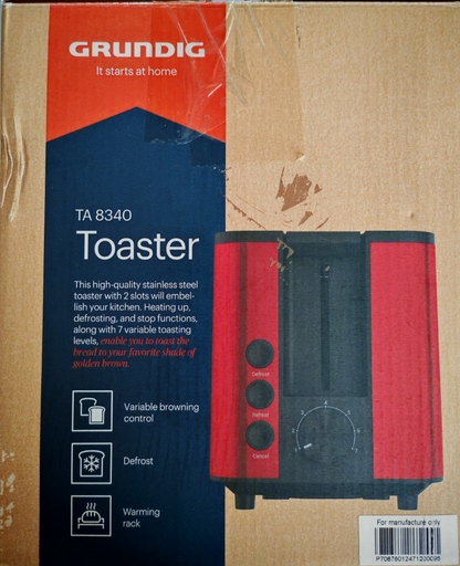 Grundig TA8340 Toaster 2 Scheiben 950W Brötchenaufsatz Edelstahl Rot B06