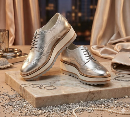 Bullboxer Damen Plateau Schnürschuhe Gr. 40 Silber Metallic Halbschuhe Brogue G2