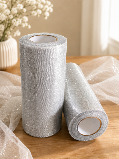 Tüll Rolle 2er Set 15cm x 23m Silber Glitzer Tüllband Deko Basteln DIY D-08