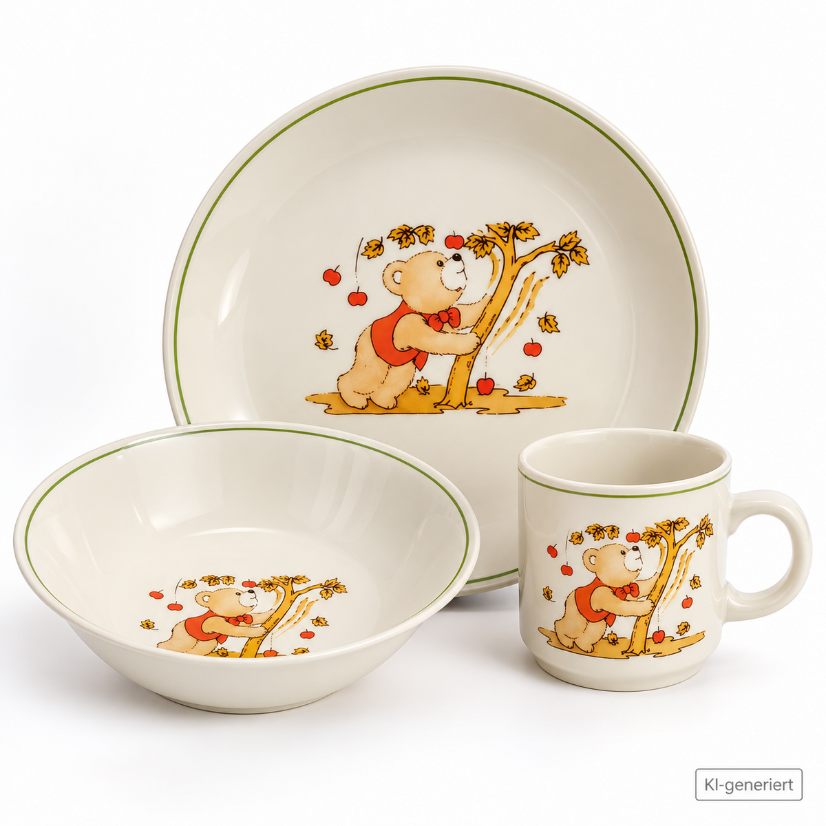 PAN Kinder Kaffeeset 3tlg Bär Apfel Motiv Tasse Teller Schale Vintage Retro D6