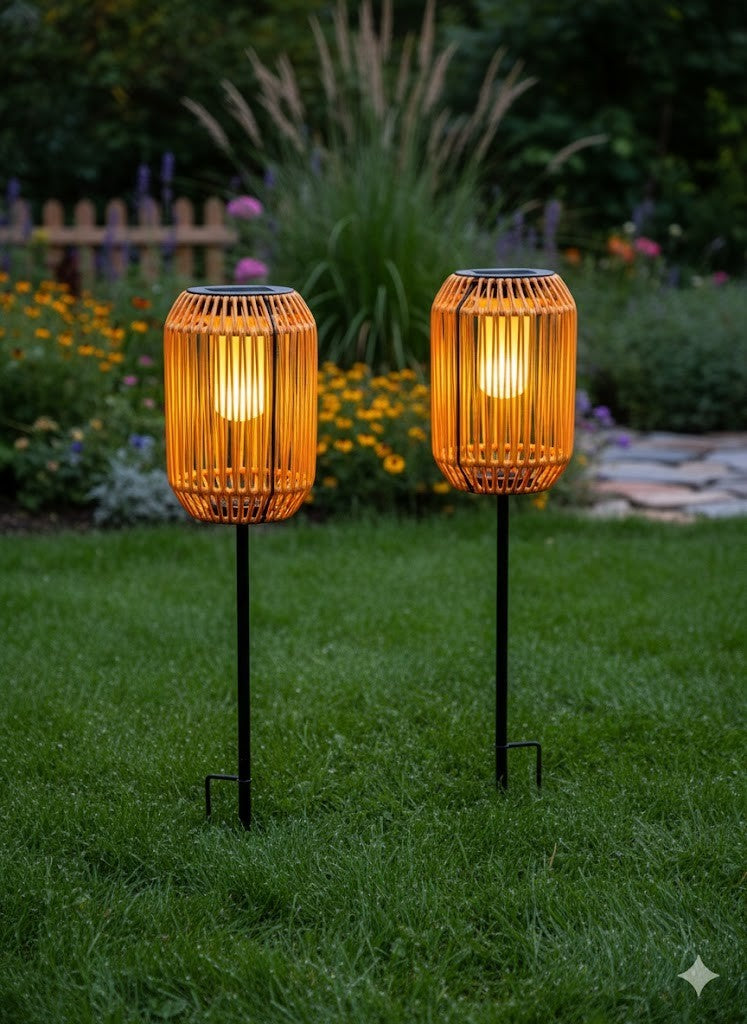 LUMIDA Garden 2 Solar-Fackeln Pfirsich | Rattan-Optik & Flamm-Effekt | Set