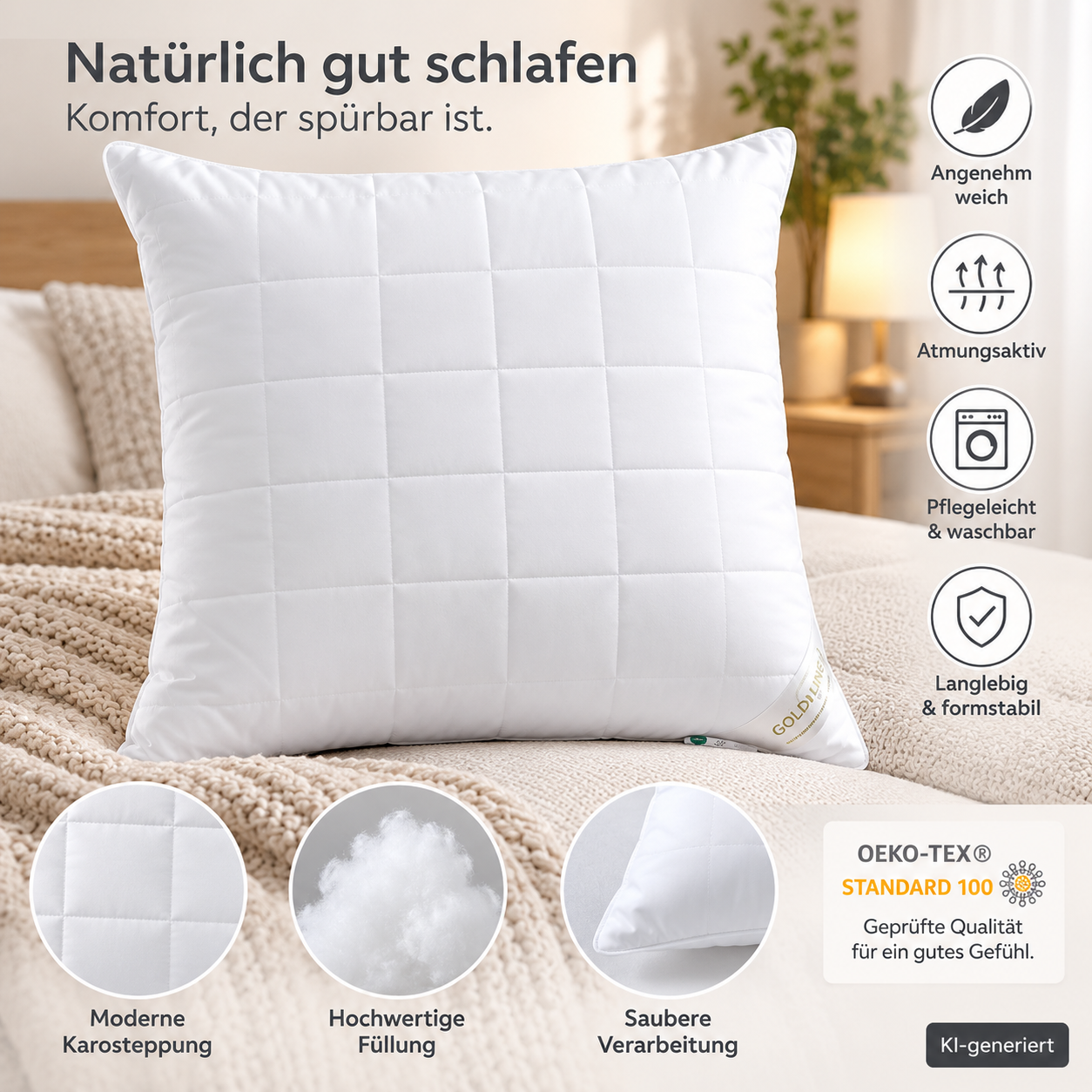 GOLDWOLKE Kopfkissen HeiQ Pure 3 Einleger individuell anpassbar Offwhite HA25