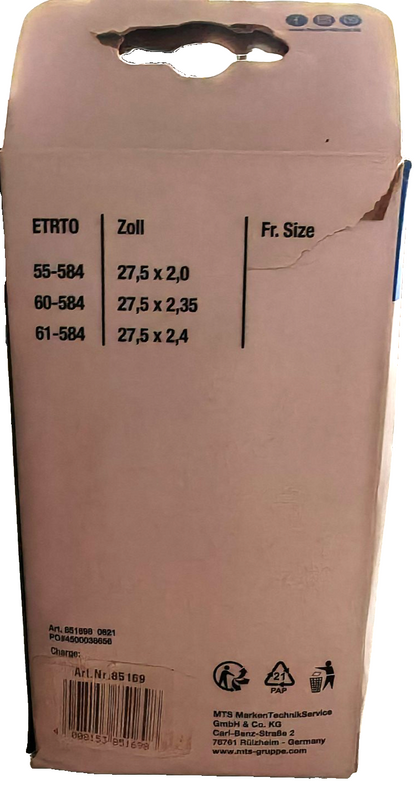 FISCHER Fahrradschlauch 27,5 Zoll 2,0-2,4 Autoventil Schrader ETRTO 55-61 E4