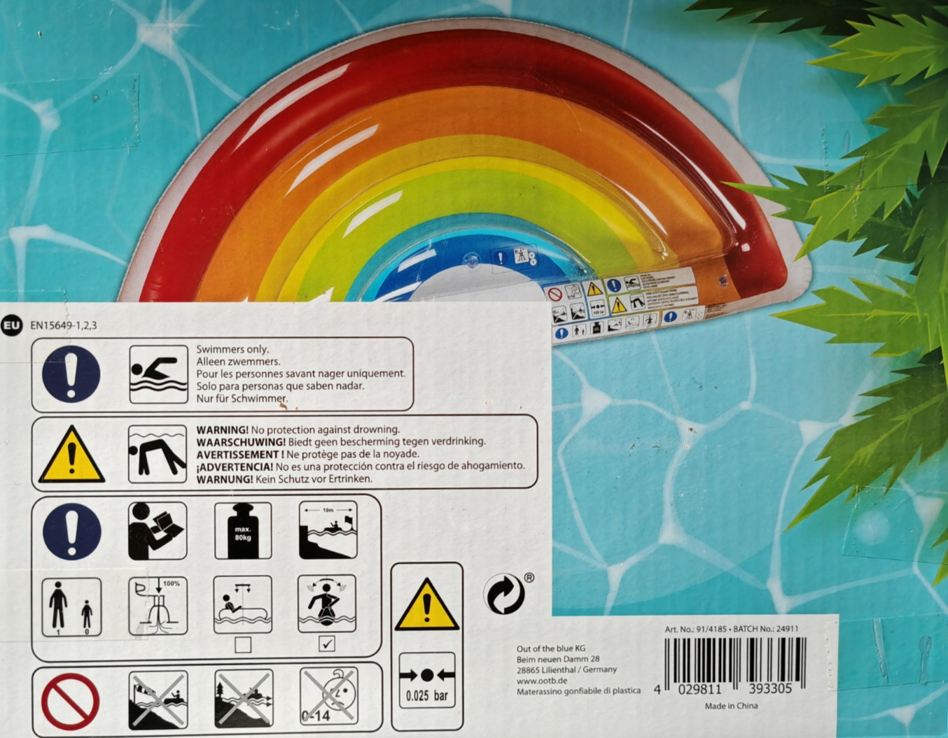 Out of the Blue Rainbow Luftmatratze 168x82x20cm Pool Schwimmmatratze Bunt D7