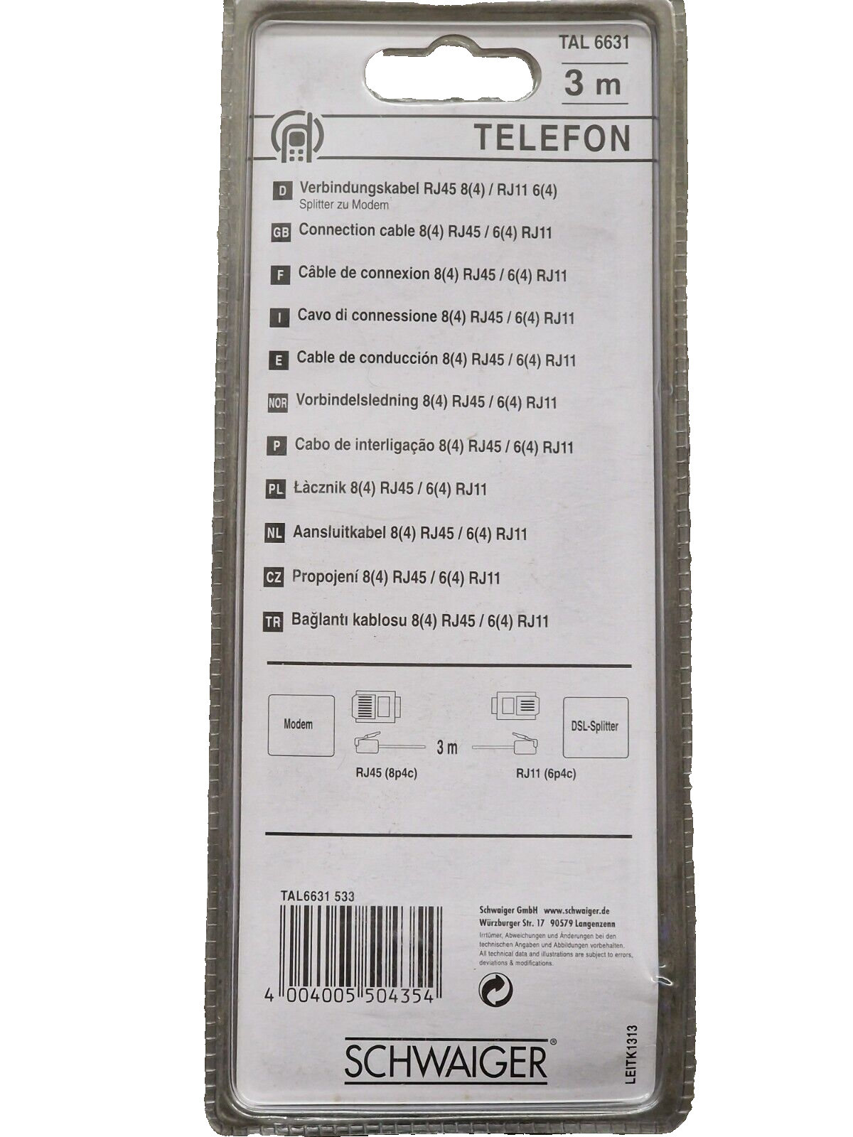 Schwaiger TAL6631 ISDN Kabel RJ45 RJ11 3m Anschlussleitung Telefon