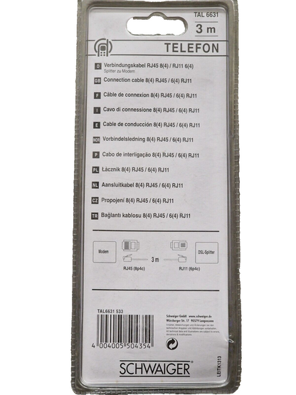 Schwaiger TAL6631 ISDN Kabel RJ45 RJ11 3m Anschlussleitung Telefon