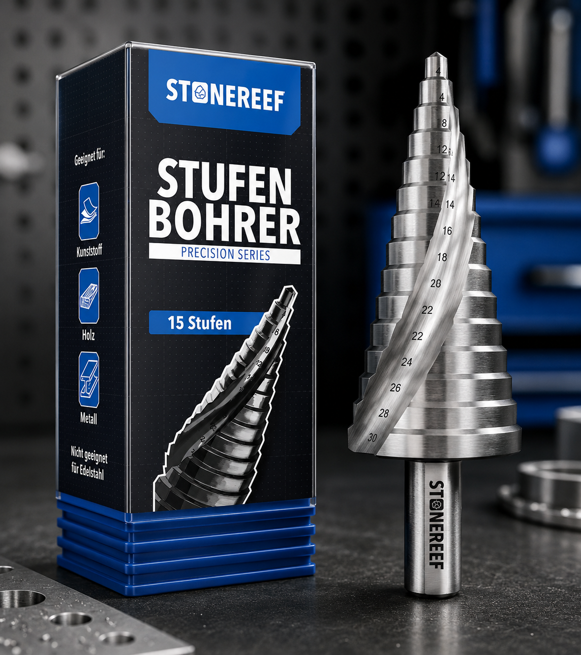 Stufenbohrer 4-32mm HSS Stahl 15 Stufen Kegelbohrer Metallbohrer Profi