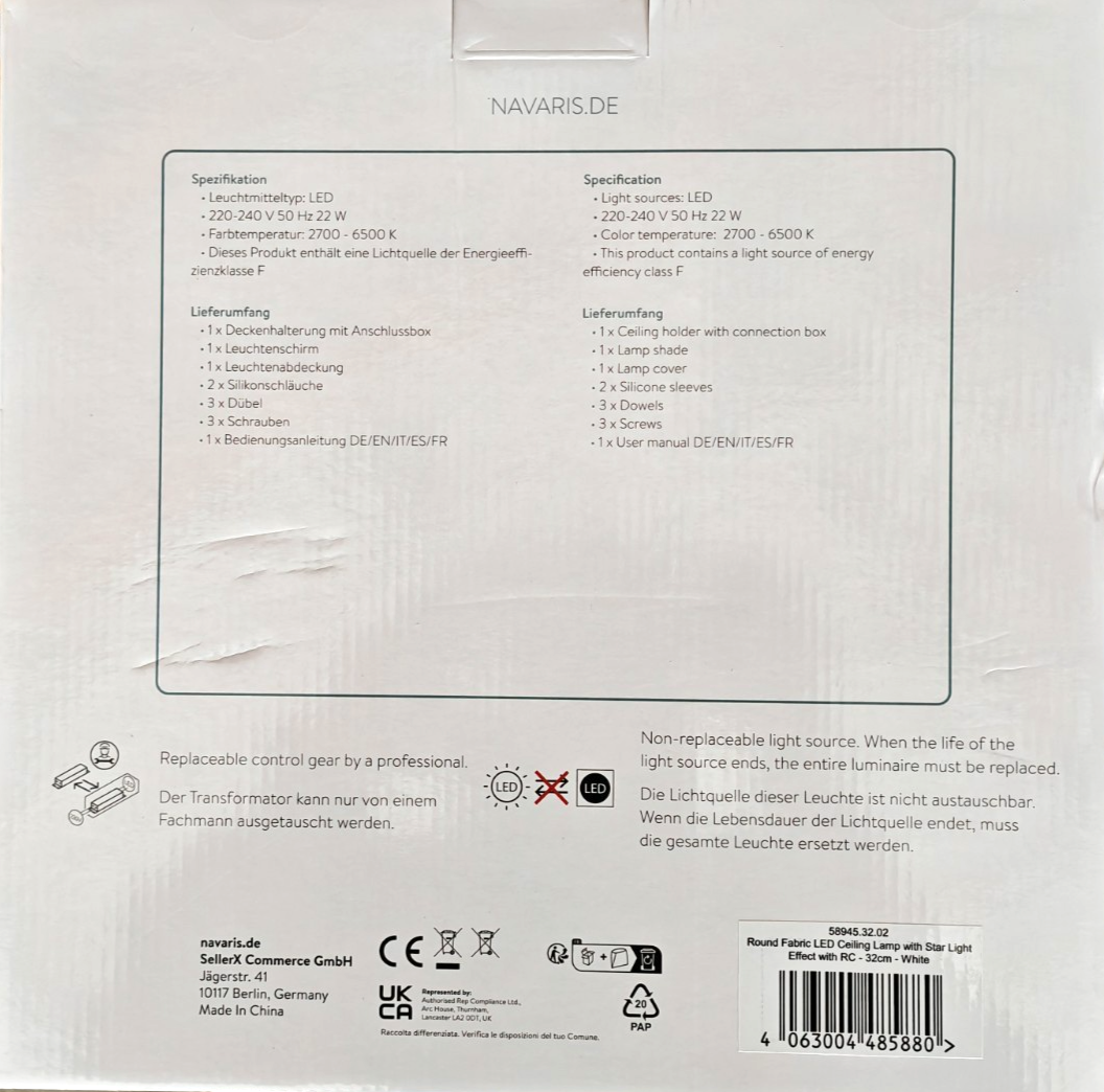 Navaris LED Deckenleuchte 32cm Sterneneffekt 2700-6500K Weiß 22W Stoff HA36