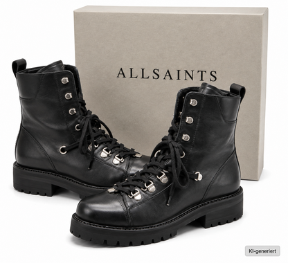 AllSaints Franka Damen Boots Leder Schwarz Schnürstiefel Biker Stiefel Gr. 40 G1