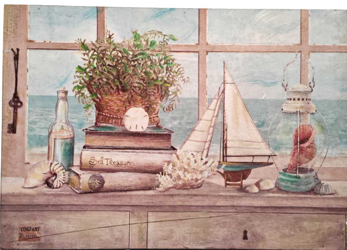 Maritimes Wandbild 50x35 cm Segelboot Muscheln Meer Vintage Küsten Deko E7