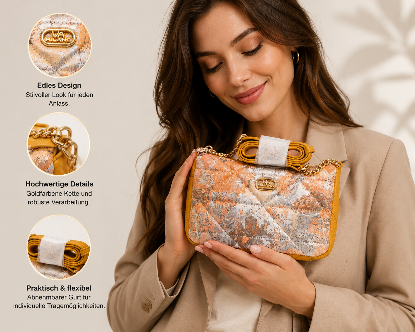 Milano Schultertasche Webmaterial mit echt Leder VM Logo