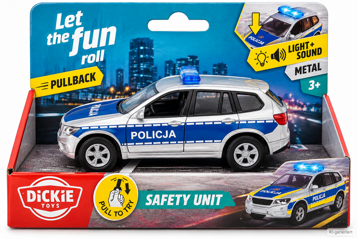 Dickie Toys Safety Unit Polizei Auto 12cm Licht Sound Pullback Metall D5