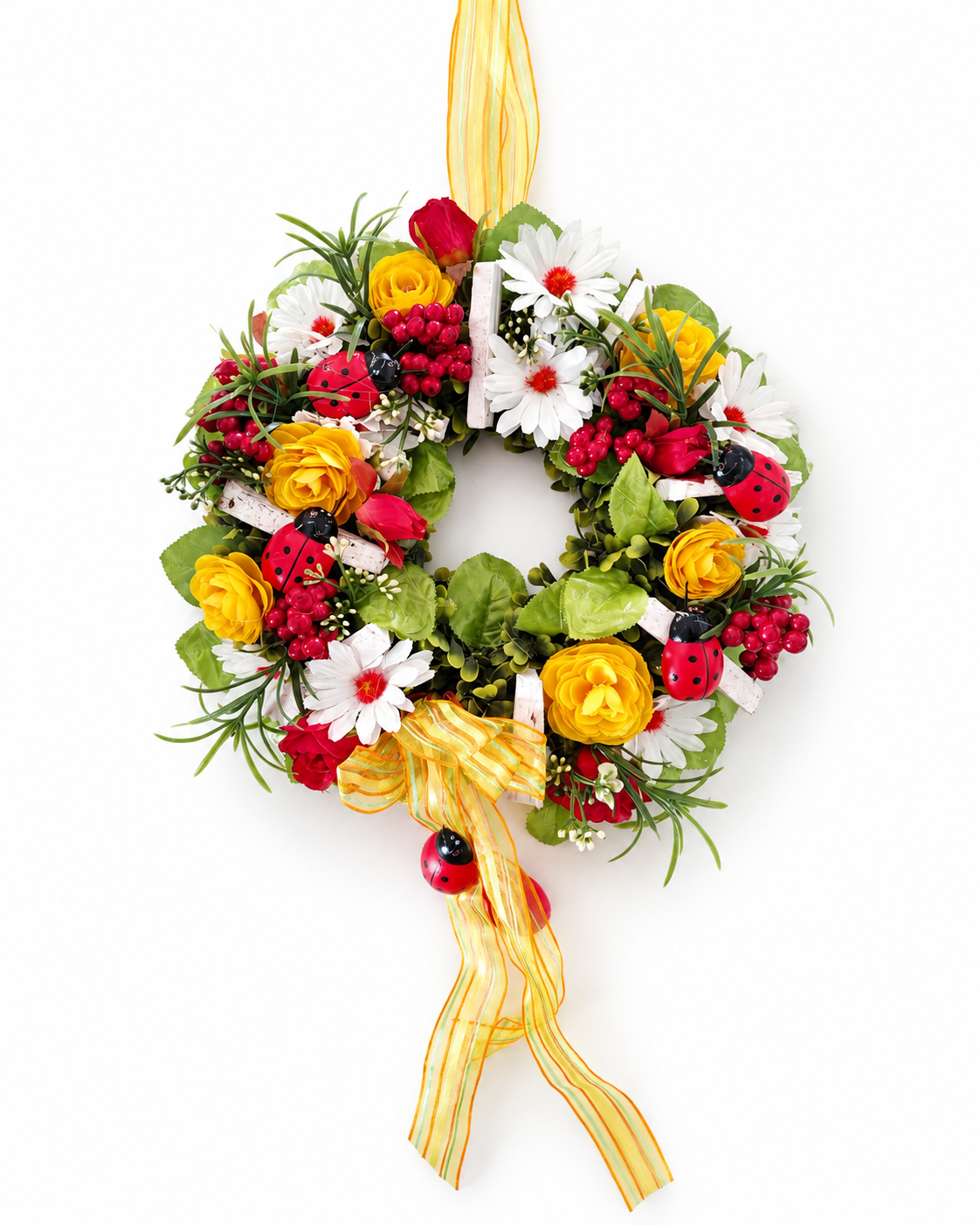 Türkranz Blumenkranz Marienkäfer Gelb Rot Weiß Frühlingskranz Kunstblumen C4