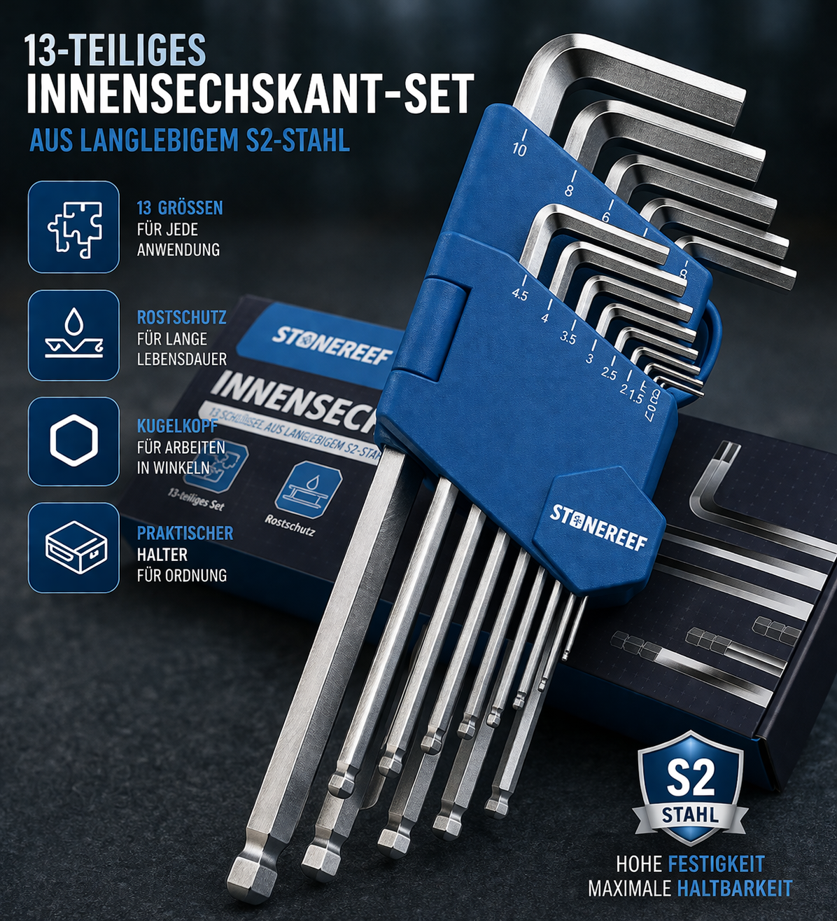 Innensechskantschlüssel Set 13tlg Chrom Kugelkopf 1,27-10mm